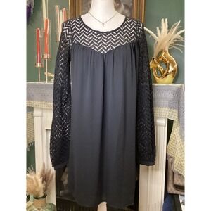 Sage Black Chevron Crochet Lace Sleeve Keyhole Back Shift Dress Medium D882